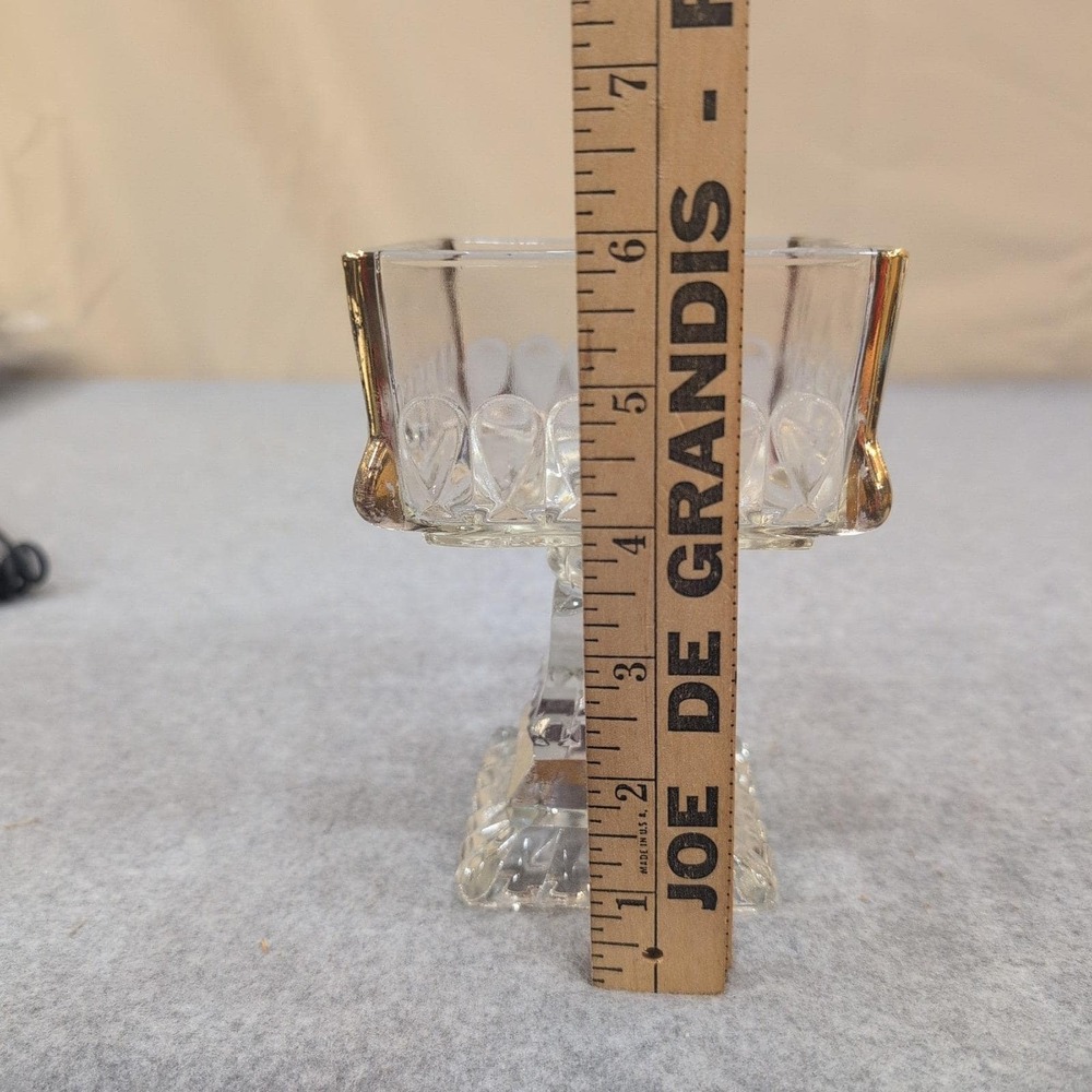Vintage Clear Pressed Glass Square Pedestal Dish Gold Trim Thumbprint Pattern - Picture 5 of 9